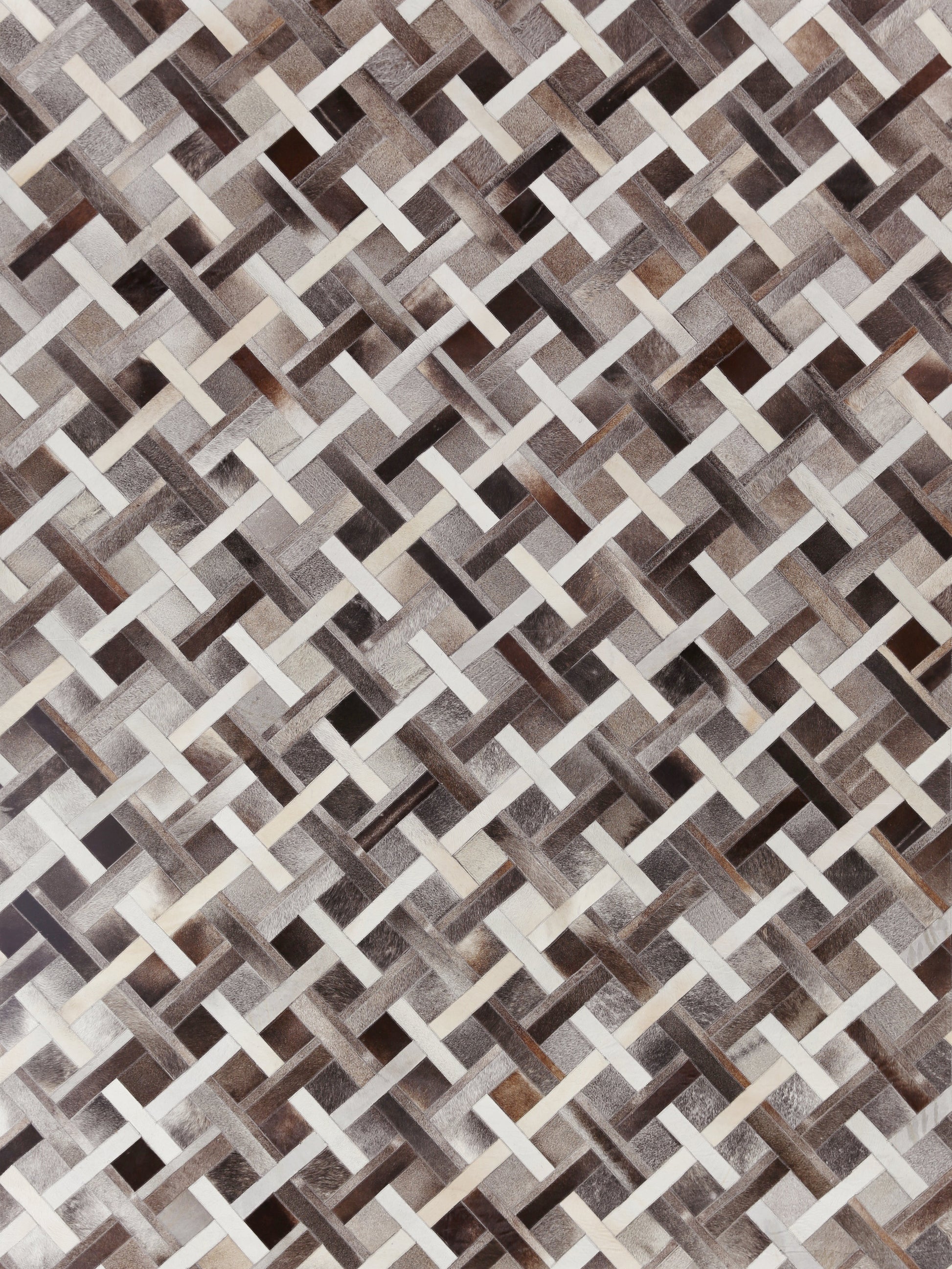 Basket-weave lattice pattern in beige, taupe, brown and gray; natural hide indoor hand-stitched rug.