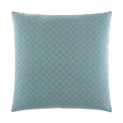 Round aqua decorative pillow with a subtle circular dot pattern and soft textured fabric.