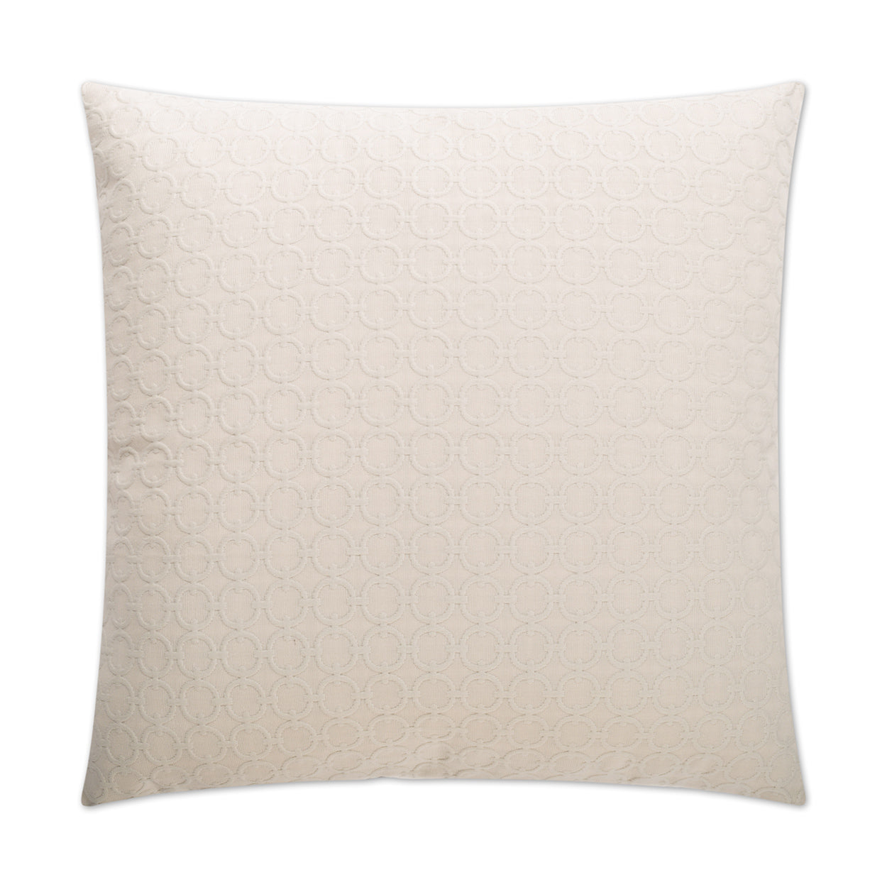 Ivory round decorative pillow with a subtle circular quilted pattern and soft textured fabric.