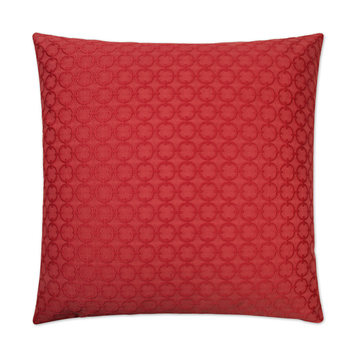 Red round pillow with a repeating circular dot jacquard pattern and a soft velvet-like texture, 24" x 24