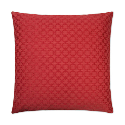 Red round pillow with a repeating circular dot jacquard pattern and a soft velvet-like texture, 24" x 24