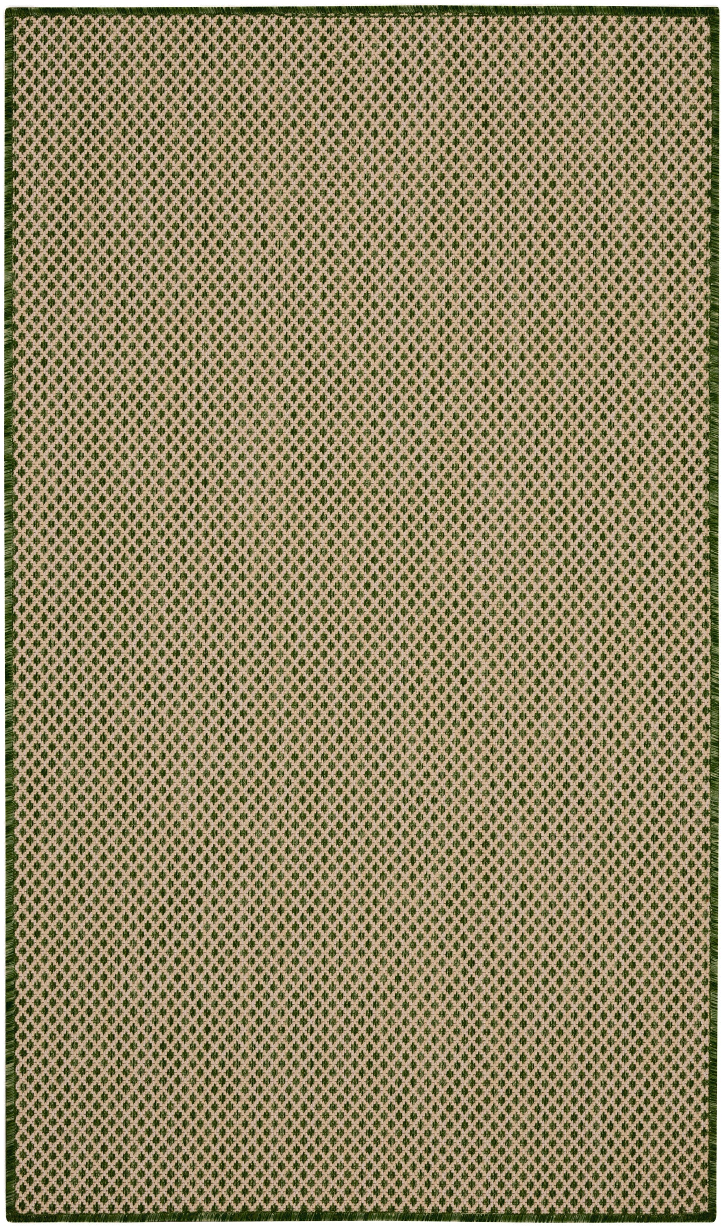 Beige area rug with tiny green diamond lattice pattern and dark green border
