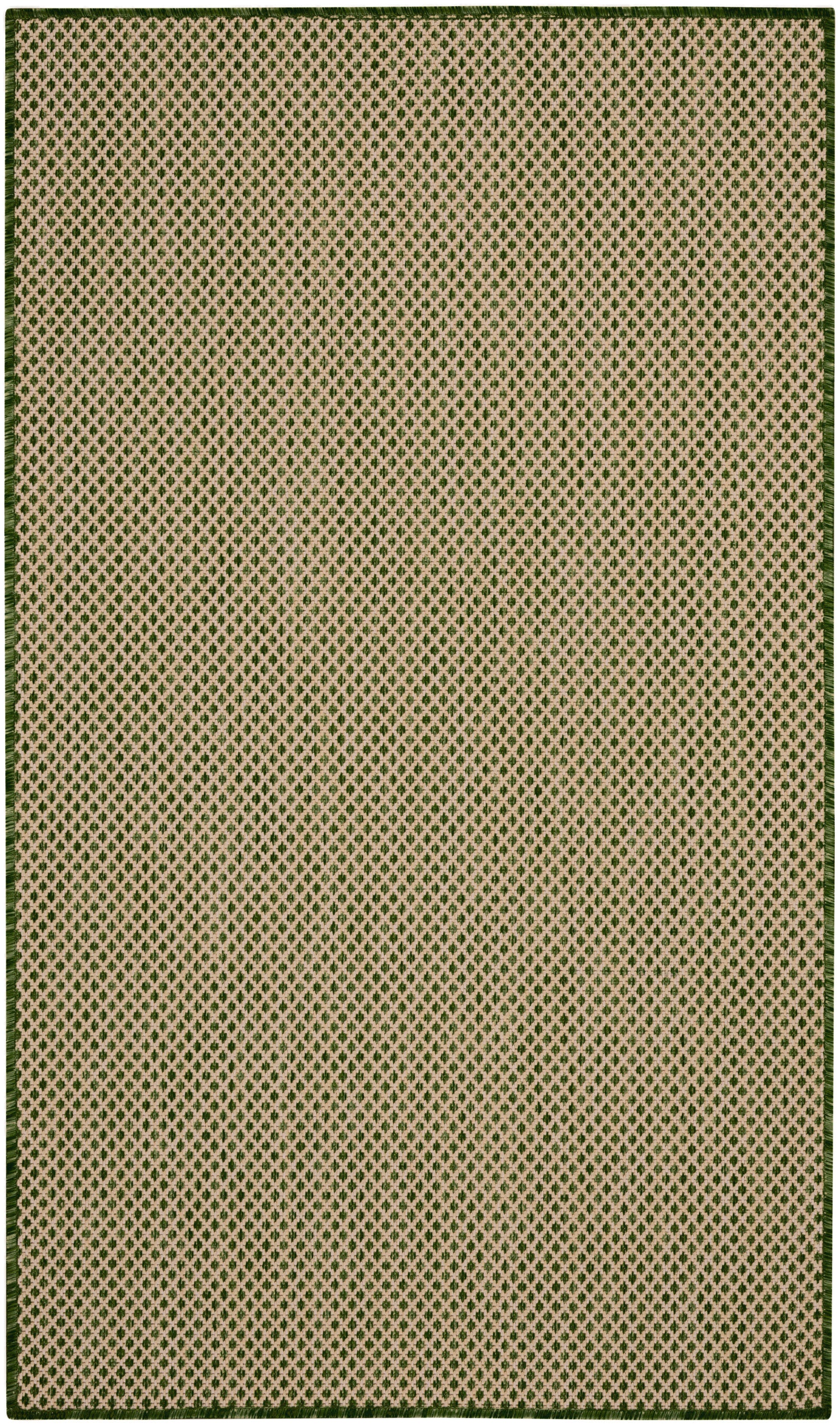 Beige area rug with tiny green diamond lattice pattern and dark green border