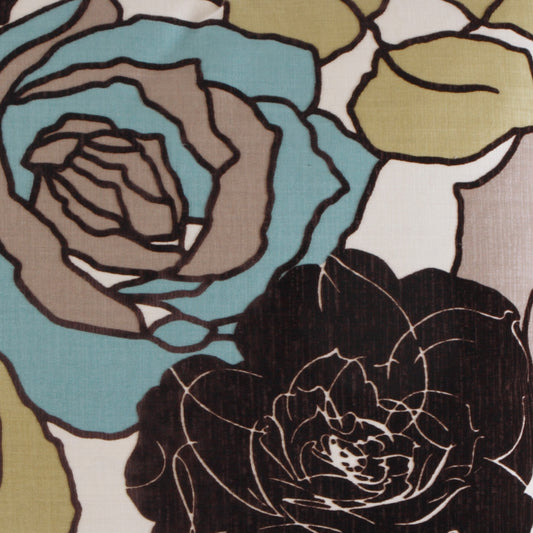 Bold floral fabric with oversized roses in teal, brown, blue and olive on cream, outlined in black; versatile upholstery.