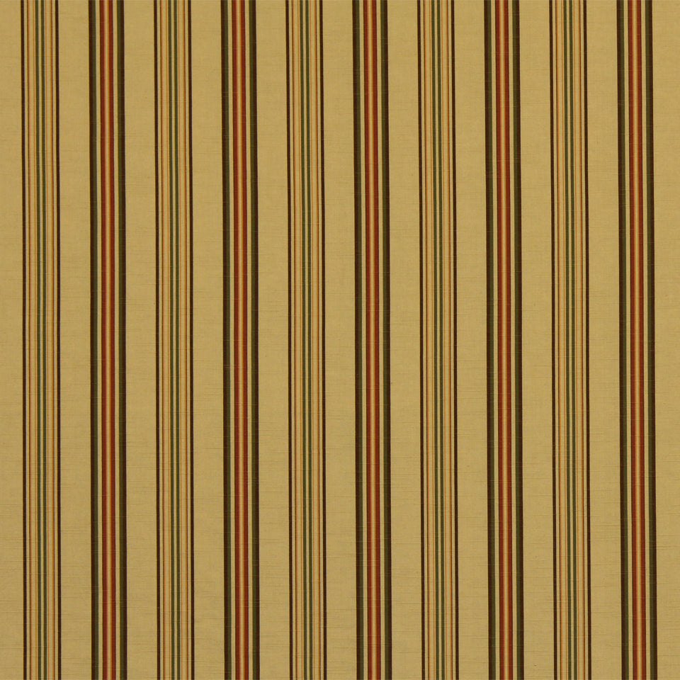 Beige striped drapery fabric with narrow gold & brown & red vertical stripes; retro vintage decor pattern.