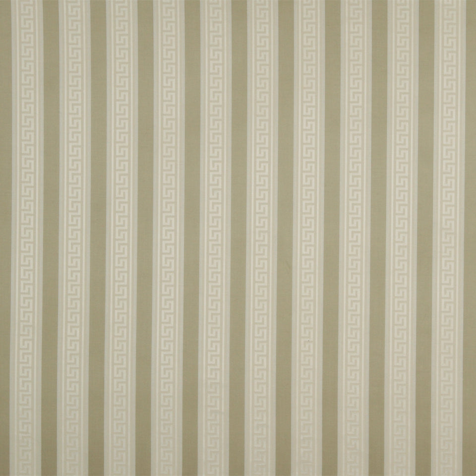 Olive and beige vertical striped wallpaper featuring narrow Greek-key patterned stripes for a classic look.