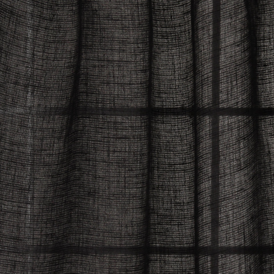 Dark gray textured woven sheer curtain fabric with a subtle plaid grid pattern; lightweight window drape.