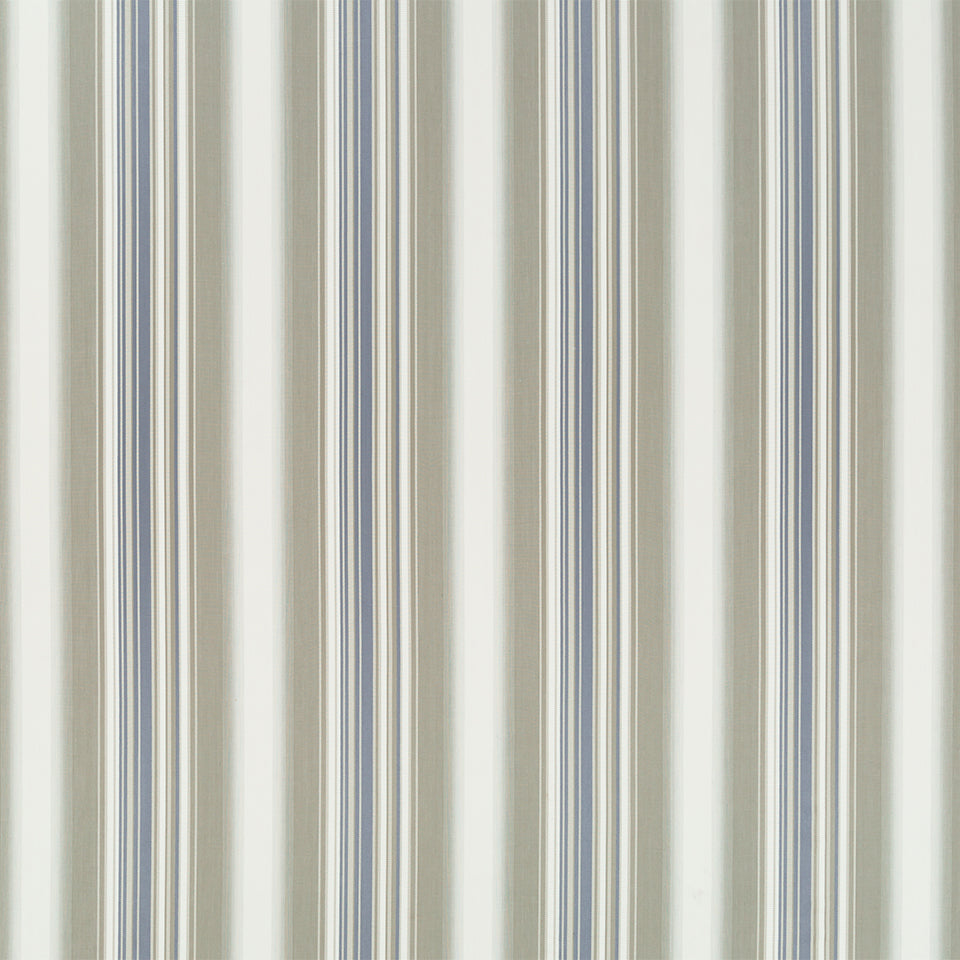Cream and beige vertical striped wallpaper with slim blue-gray accents, classic decorative pattern.