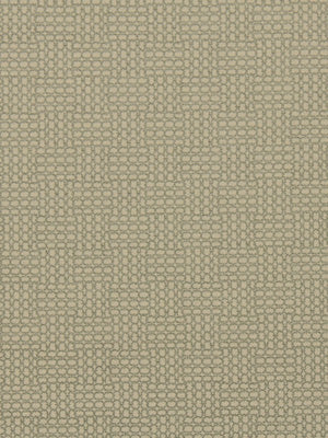 Beige woven upholstery fabric with a tiny circular linked geometric pattern.