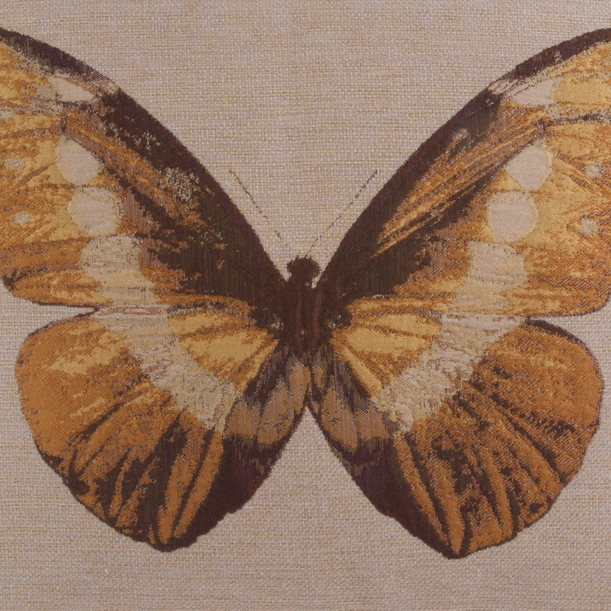 Orange-brown butterfly motif printed on beige linen fabric, Monarch Pillow.
