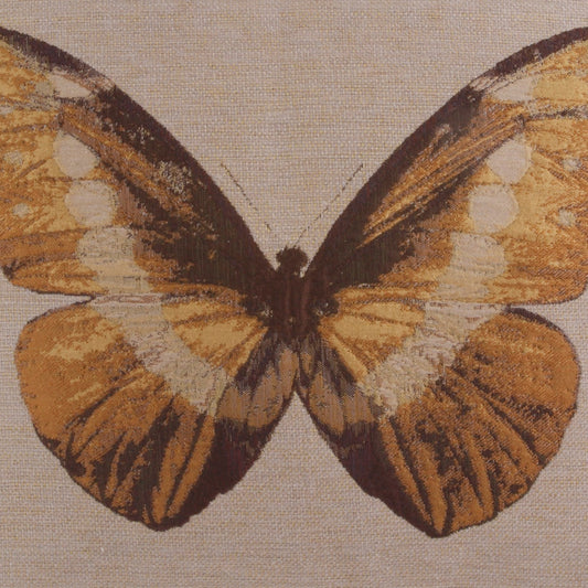 Orange-brown butterfly print on beige woven fabric texture; textile art pattern for decor.