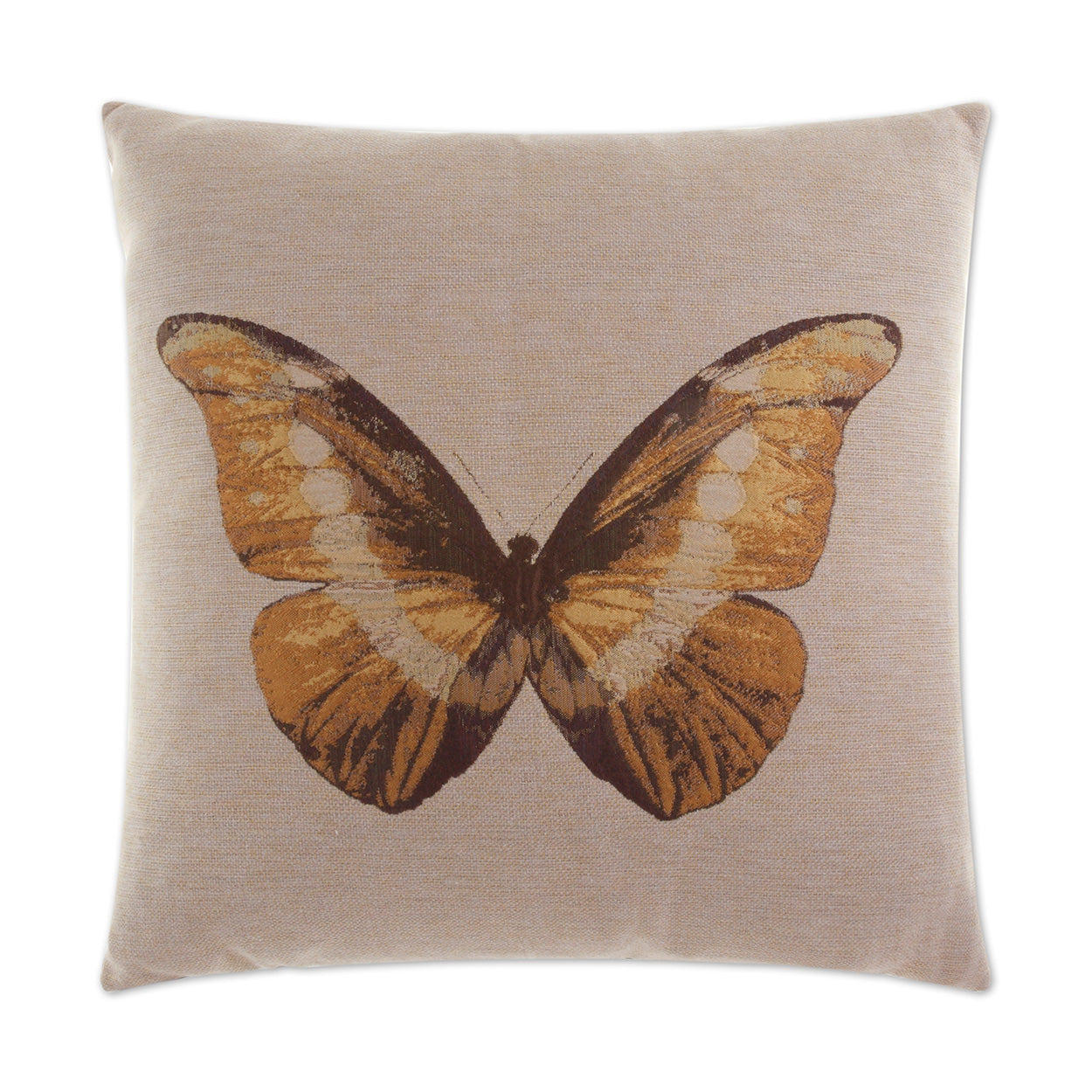 Beige square decorative pillow with a large orange monarch butterfly print and linen-like texture.