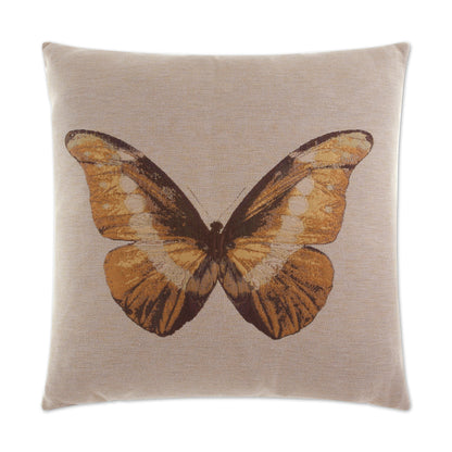 Beige square decorative pillow with a large orange monarch butterfly print and linen-like texture.