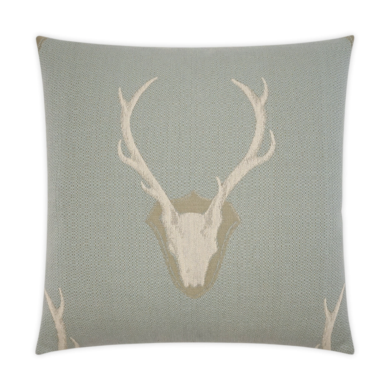 Grey-blue knitted square throw pillow with beige deer skull and antler motif; rustic woodland decor.