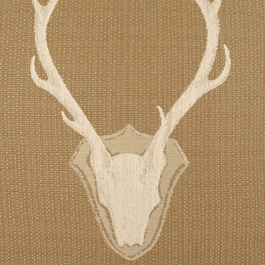 Beige woven fabric with a white deer skull and antlers motif.