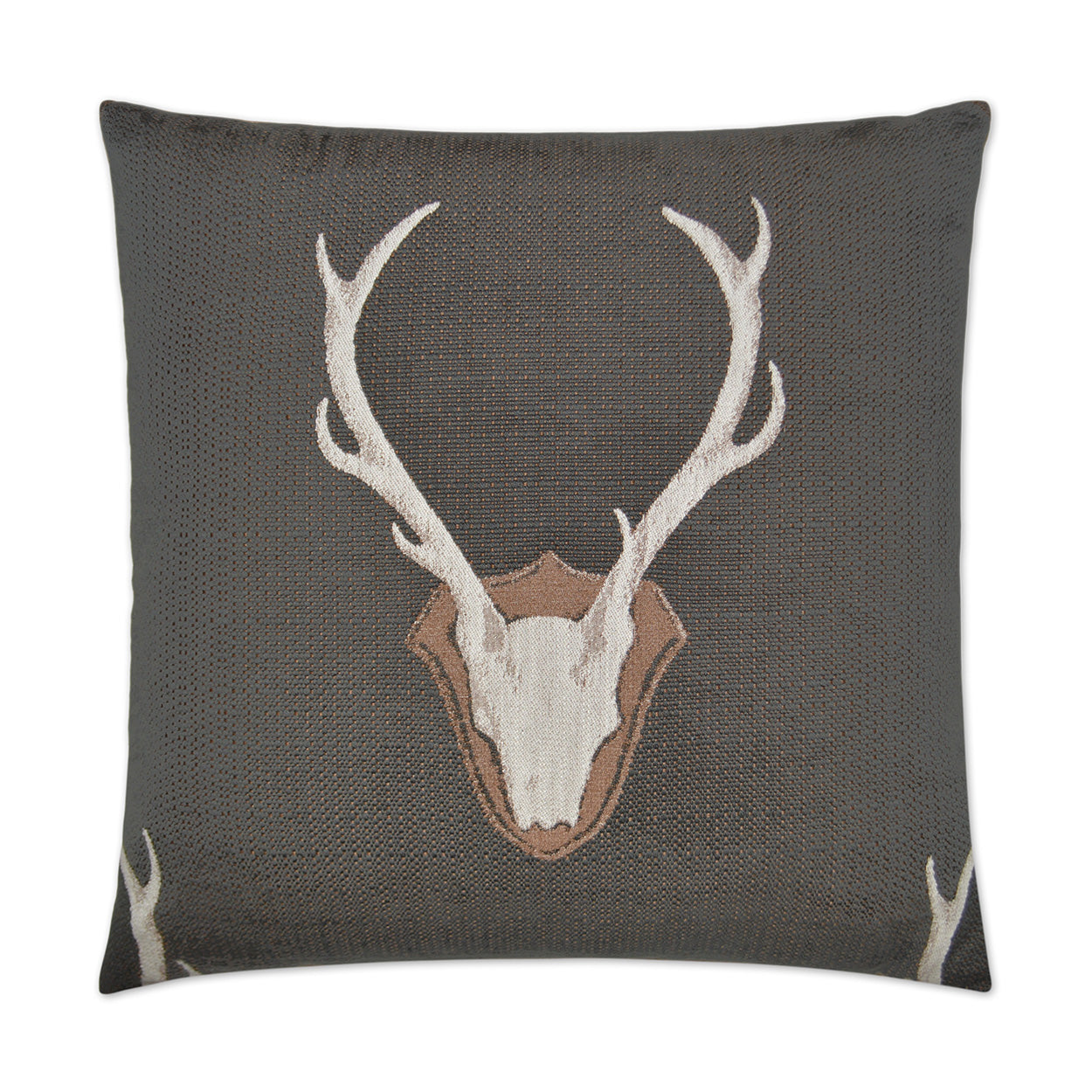 Grey textured throw pillow with a white deer skull and antlers on a shield crest.