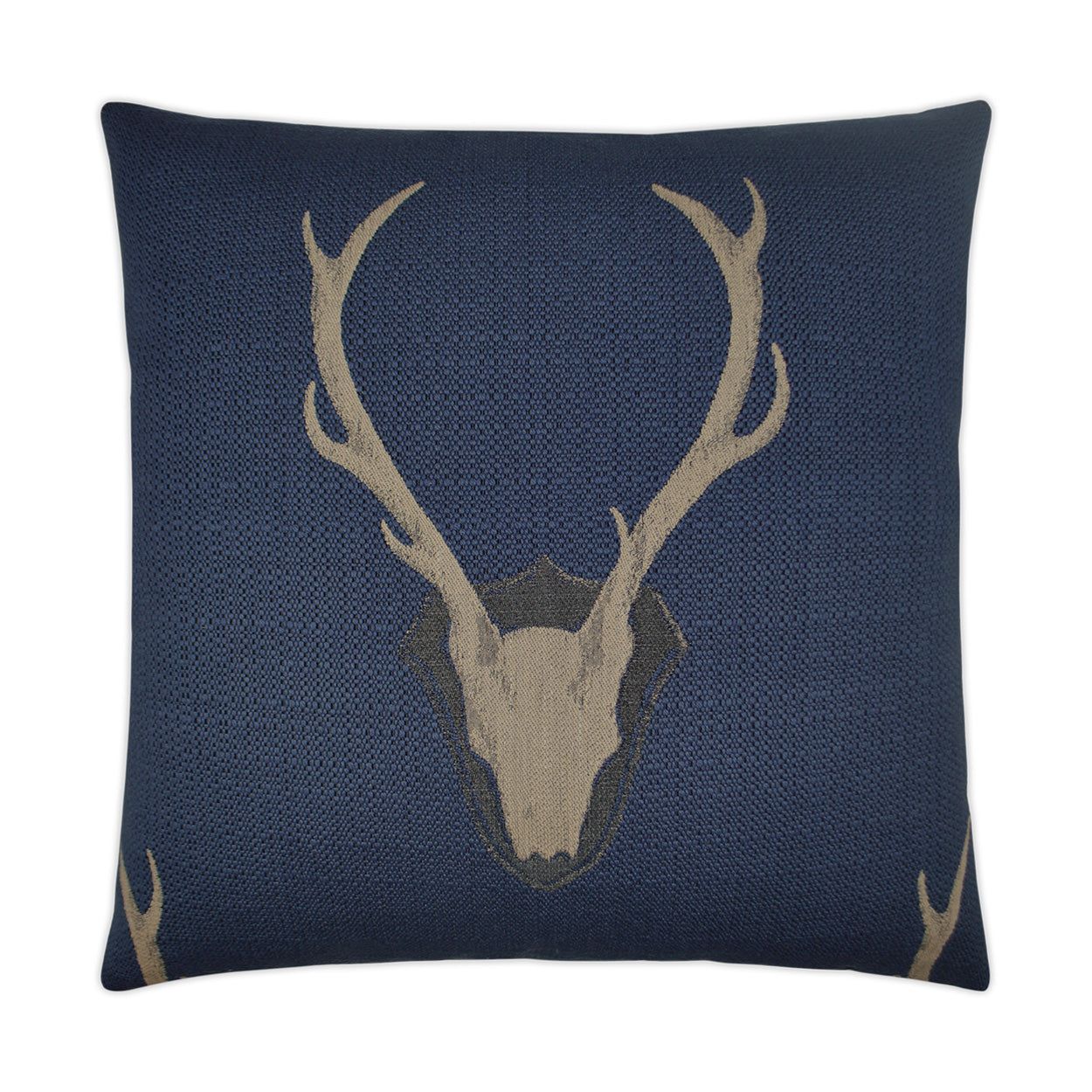 Navy blue knitted square pillow with beige deer skull and antler motif.
