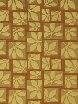Mustard yellow upholstery fabric with a brown lattice grid and pale leaf motifs in each square.