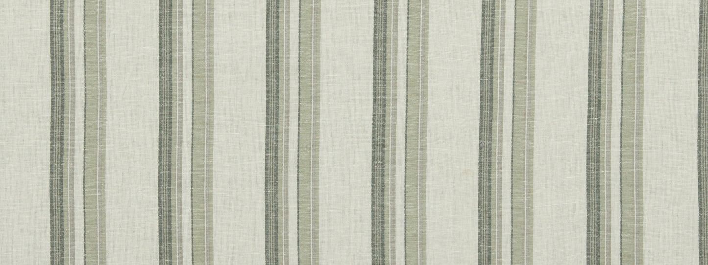Striped linen-like fabric in graphite with vertical olive green and gray stripes; close-up.