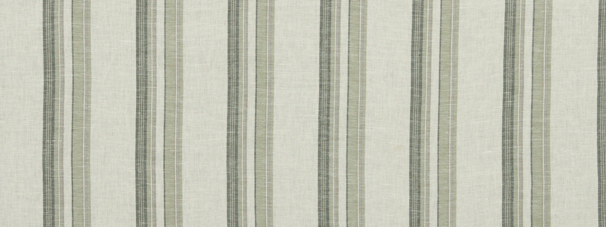 Striped linen-like fabric in graphite with vertical olive green and gray stripes; close-up.