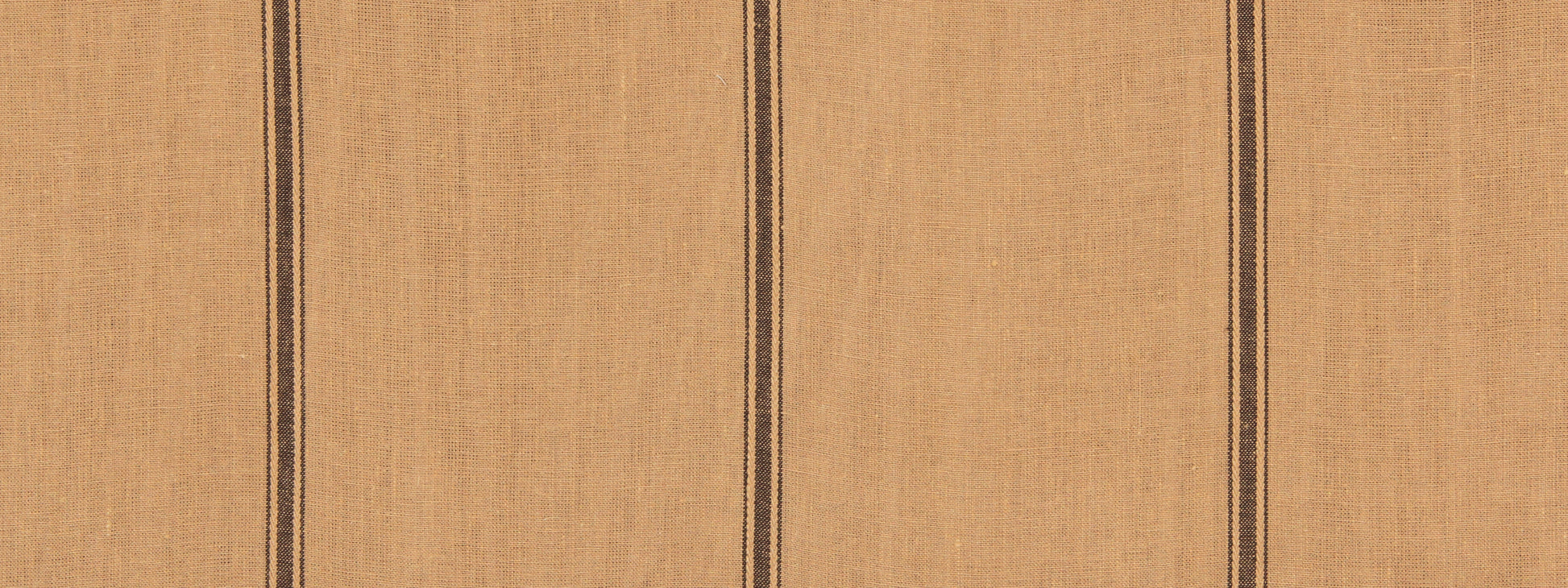 Beige textured fabric with narrow dark brown vertical stripes; linen-like weave, upholstery/table textile.