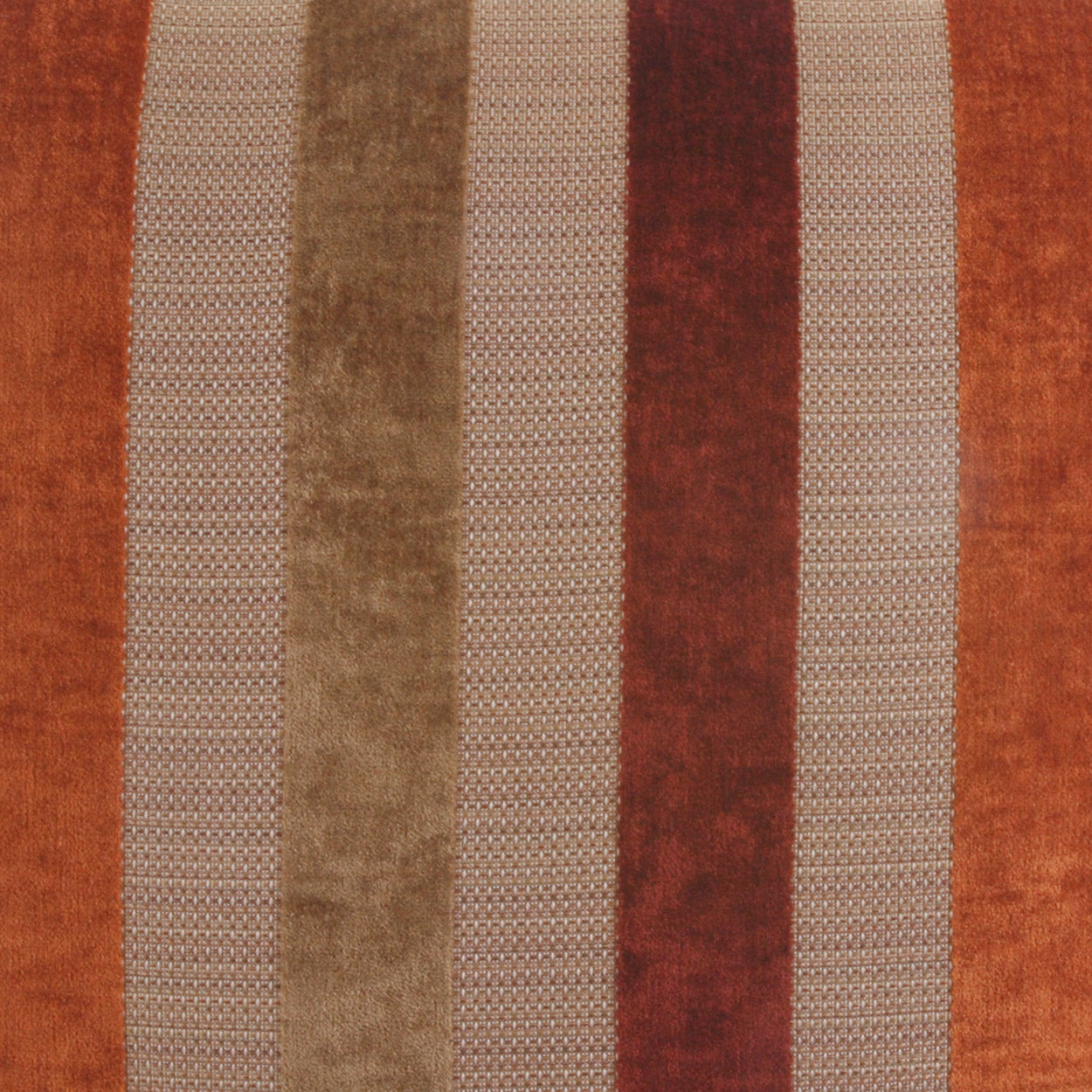 Vertical striped pillow, 24" x 24", in orange, tan, brown, rust-red & beige tones; plush velvet-like texture.