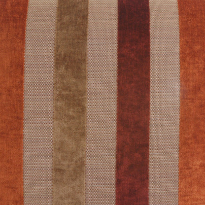 Vertical striped pillow, 24" x 24", in orange, tan, brown, rust-red & beige tones; plush velvet-like texture.