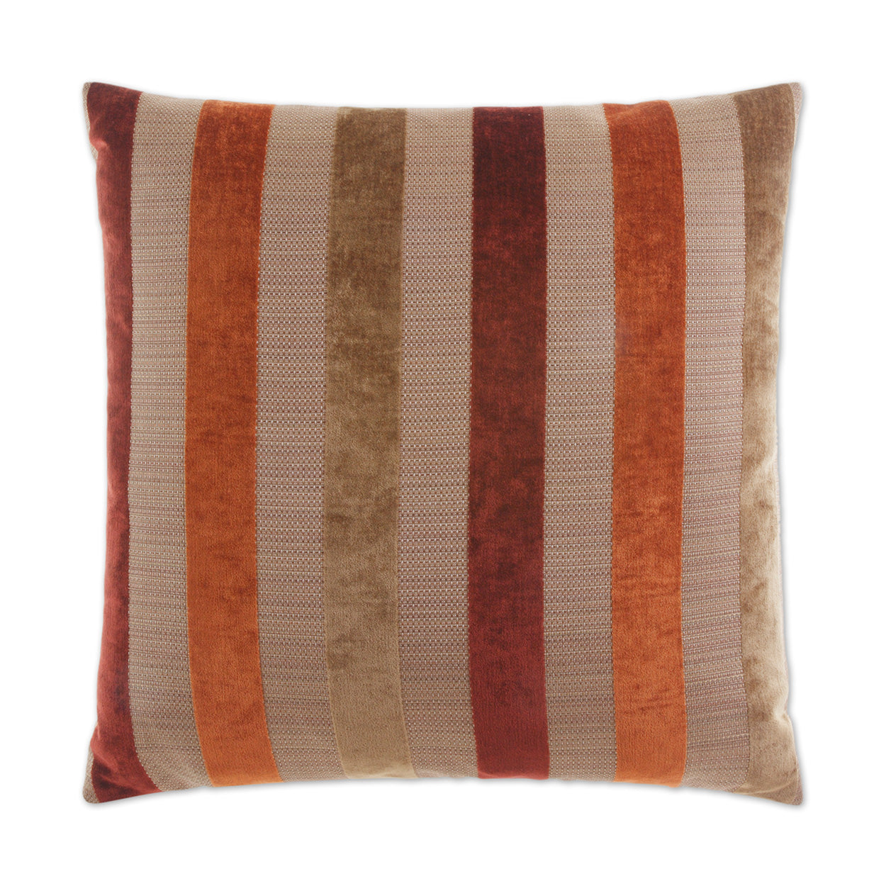 Decorative square pillow with vertical velvet stripes in tan, beige, orange, rust and maroon.