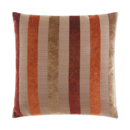 Decorative square pillow with vertical velvet stripes in tan, beige, orange, rust and maroon.