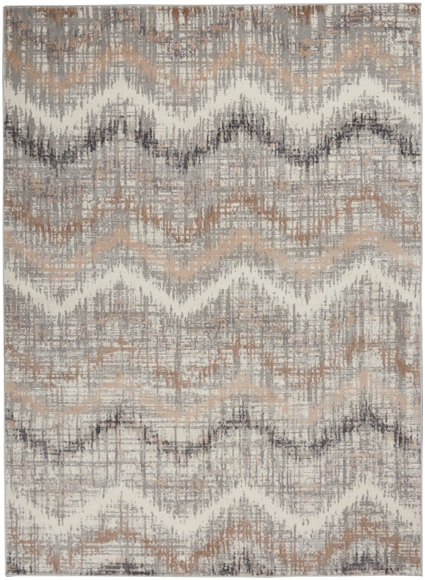Rectangular area rug with distressed chevron zigzag in gray, taupe & beige, woven texture.
