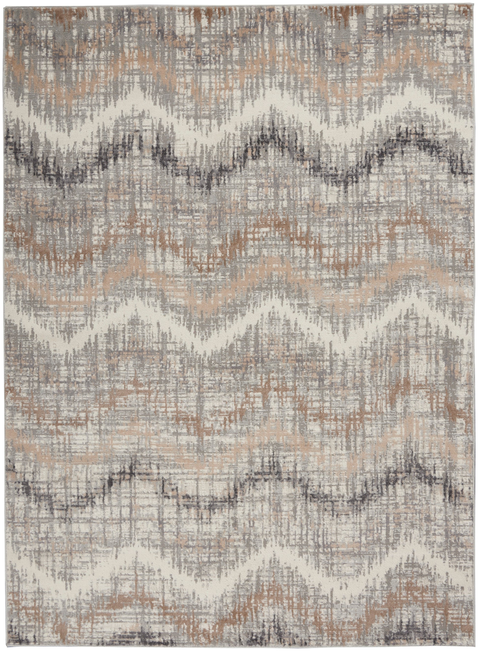 Rectangular area rug with distressed chevron zigzag in gray, taupe & beige, woven texture.