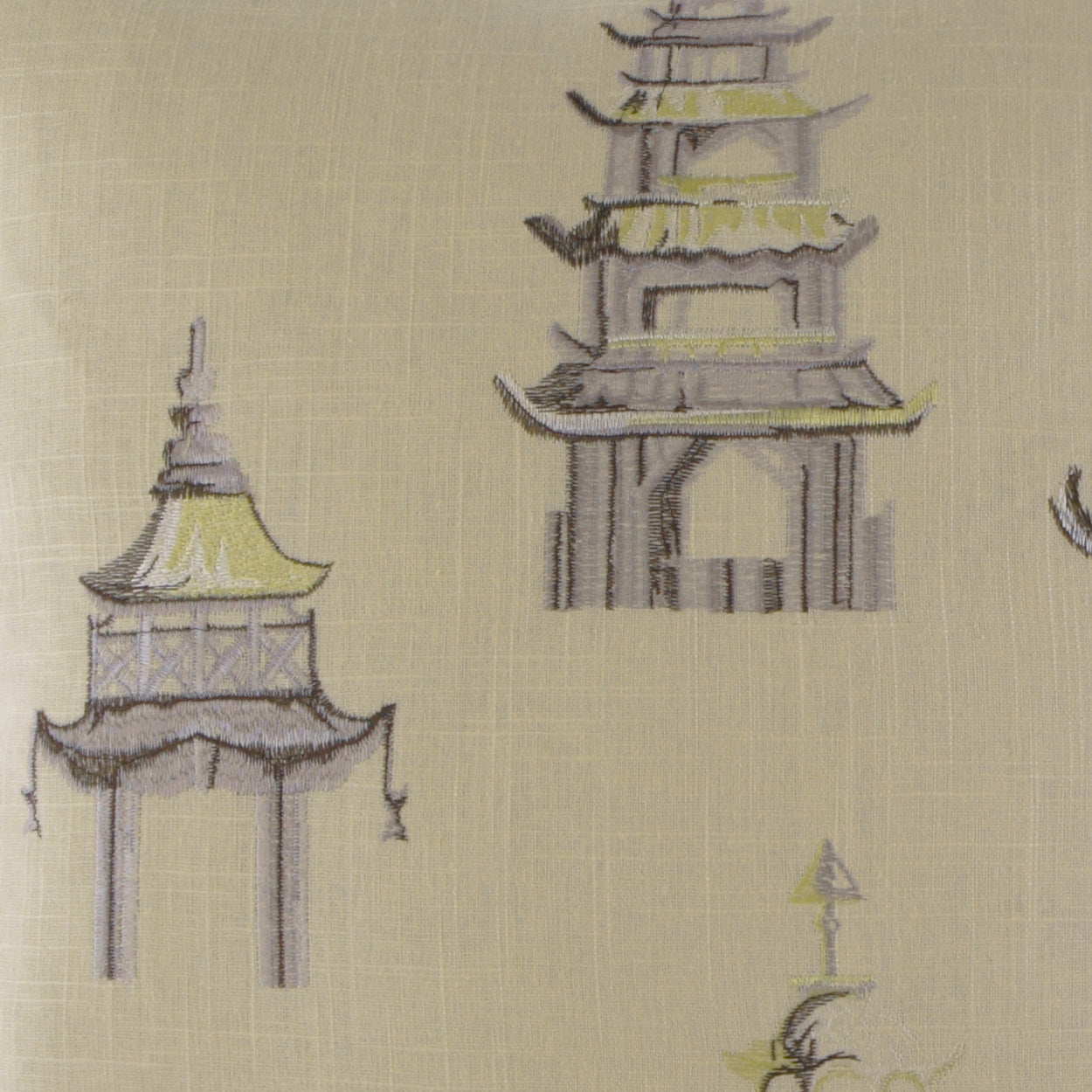 Beige pillow with hand-drawn gray and pale yellow pagoda motifs, creating a subtle Asian temple print.