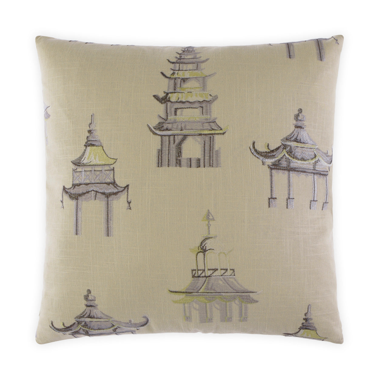 Beige square throw pillow with embroidered pagoda temple silhouettes in soft gray and yellow; decorative cushion.