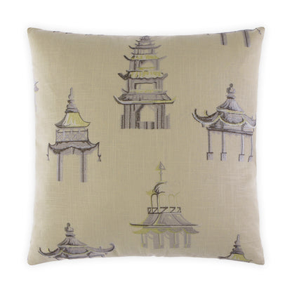 Beige square throw pillow with embroidered pagoda temple silhouettes in soft gray and yellow; decorative cushion.