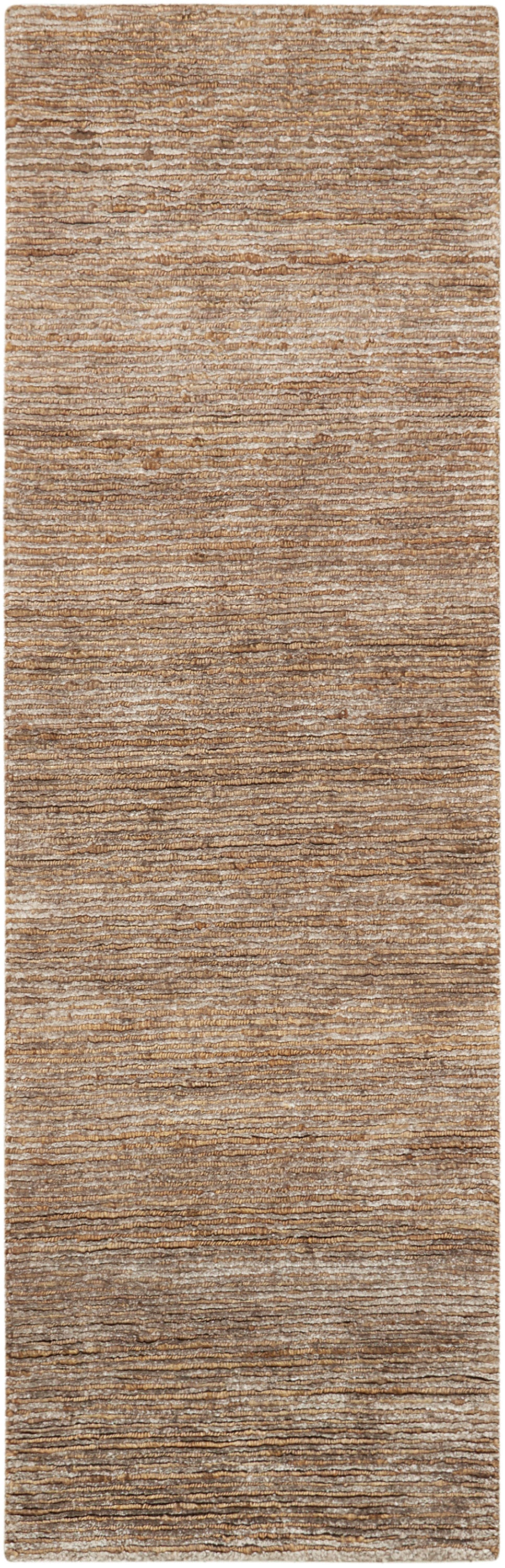 Beige-brown textured rug runner, 8' long, with horizontal stripe pattern and soft shaggy pile for hallway or living room decor