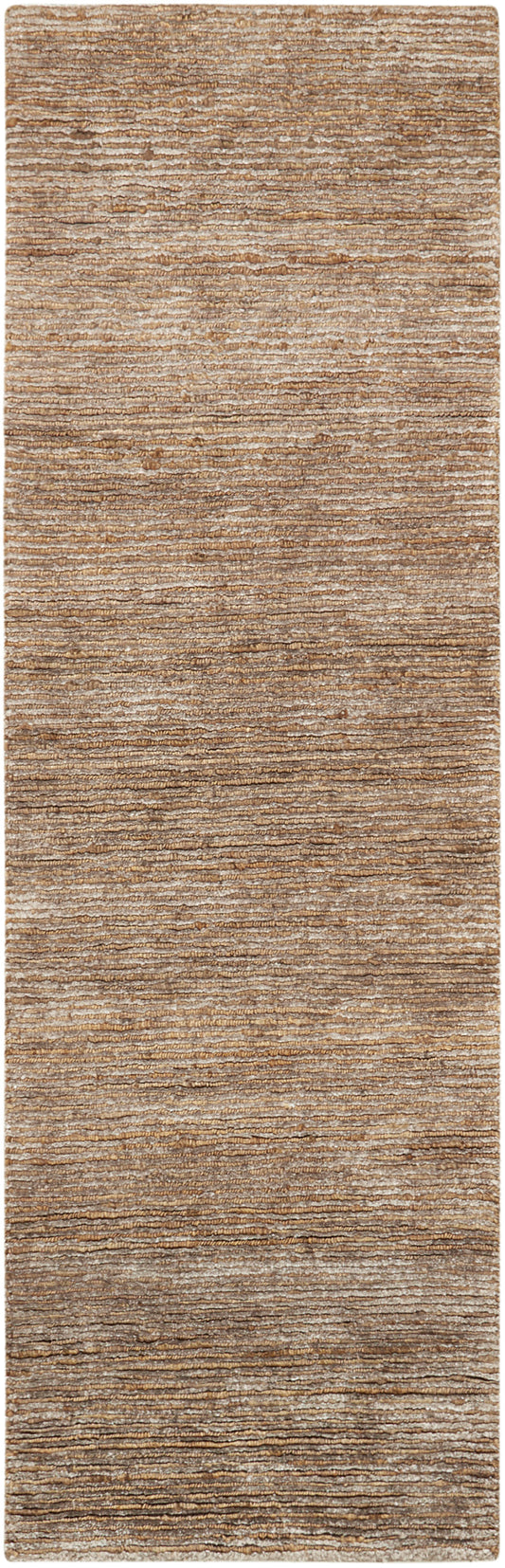 Beige-brown textured rug runner, 8' long, with horizontal stripe pattern and soft shaggy pile for hallway or living room decor