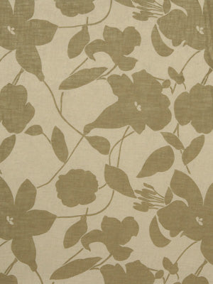 Beige drapery fabric with olive green botanical flowers and vines in a linen-style pattern.