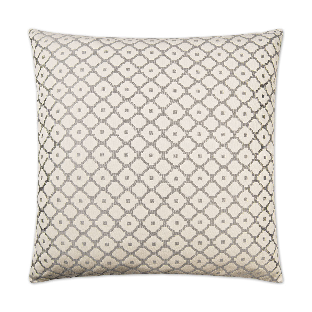 Beige square decorative pillow with taupe interlocking circle lattice pattern; textured woven fabric.