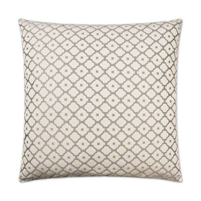 Beige square decorative pillow with taupe interlocking circle lattice pattern; textured woven fabric.