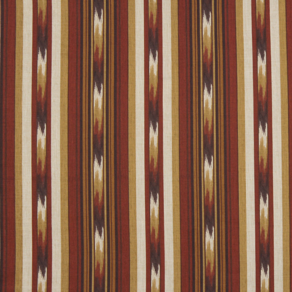 Vertical striped woven fabric in browns, rust, mustard and cream with ikat-inspired pattern; great for upholstery.