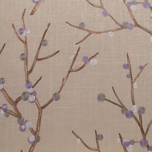 Beige linen-textured fabric with brown tree-branch embroidery and lilac and gray blossom clusters.