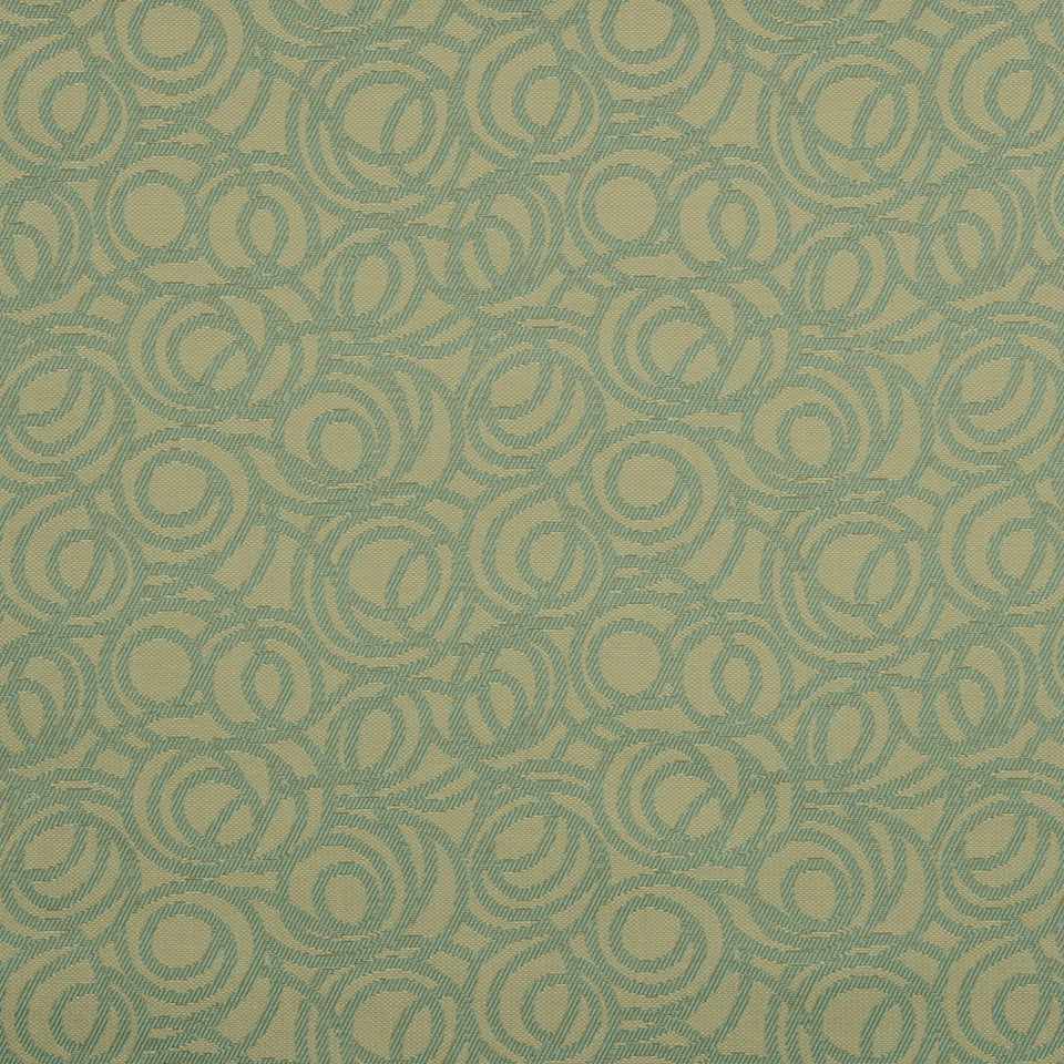 Teal upholstery fabric with a beige interlocking circular loop pattern; jacquard-style textile design.
