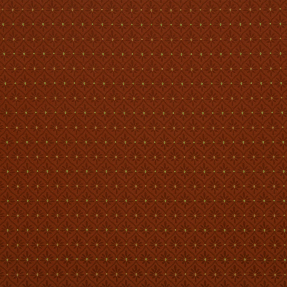 Rust brown upholstery fabric with small gold daisy vase motifs arranged in a repeating geometric grid.
