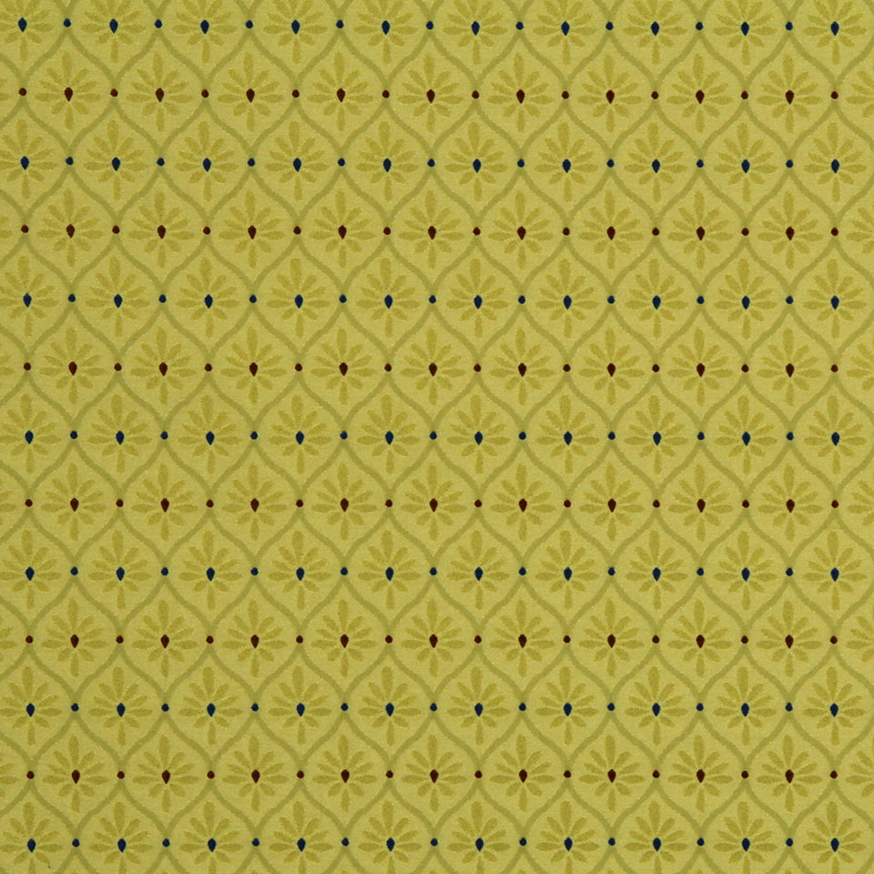 Yellow damask-pattern vase with repeating leaf motifs and small blue and red centers.