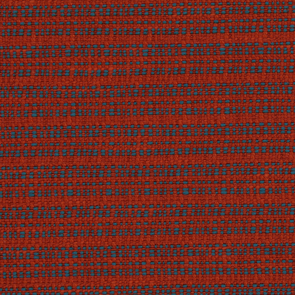 Red woven fabric with blue speckled stripes and textured weave, ideal for upholstery or crafts.