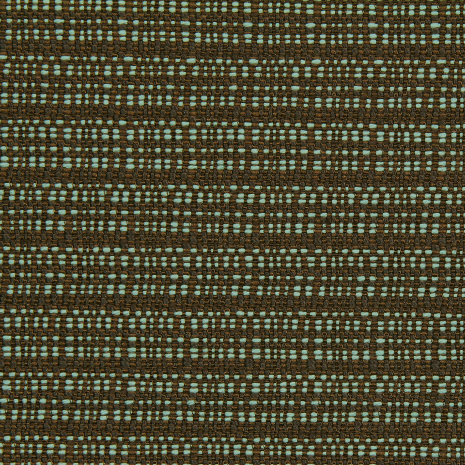 Brown woven fabric with turquoise dotted stripes; textured upholstery fabric.