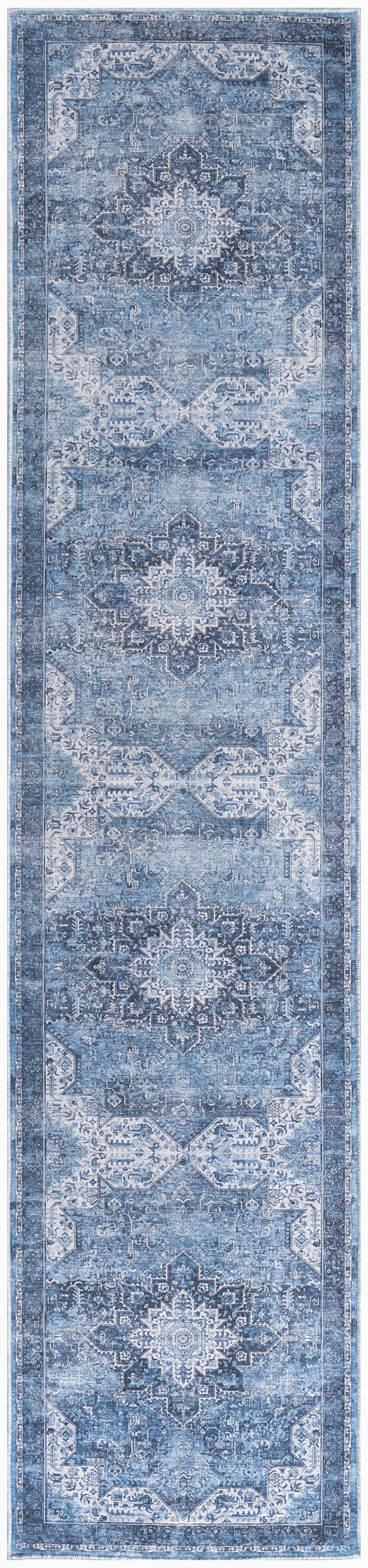 Blue distressed oriental runner rug with white geometric medallions and ornate border; ideal hallway decor.