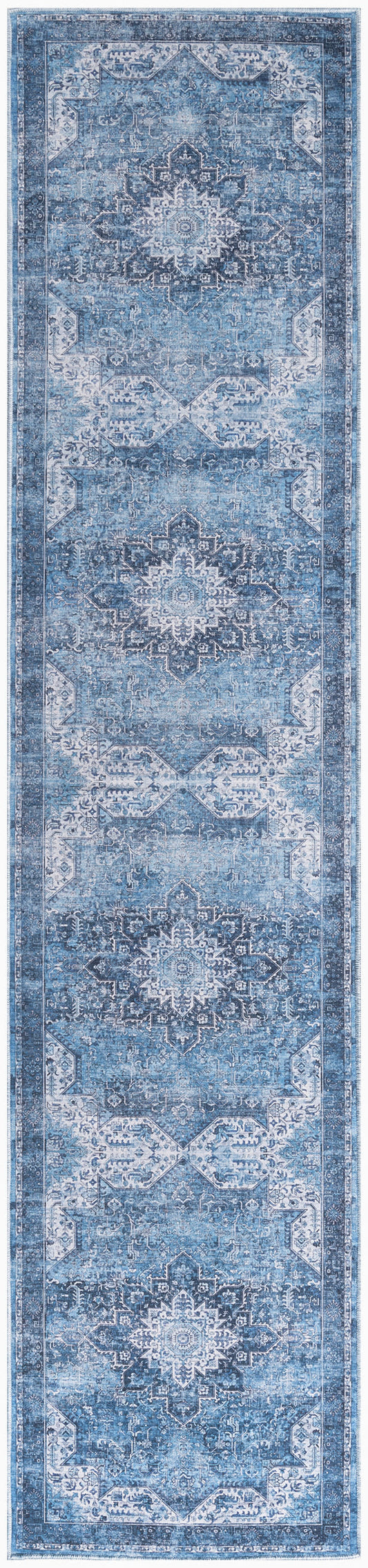 Blue distressed oriental runner rug with white geometric medallions and ornate border; ideal hallway decor.