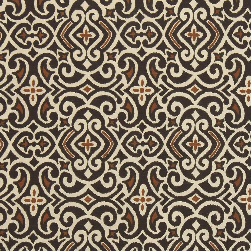 Cream & brown damask pattern with orange accents; ornate textile or wallpaper motif.