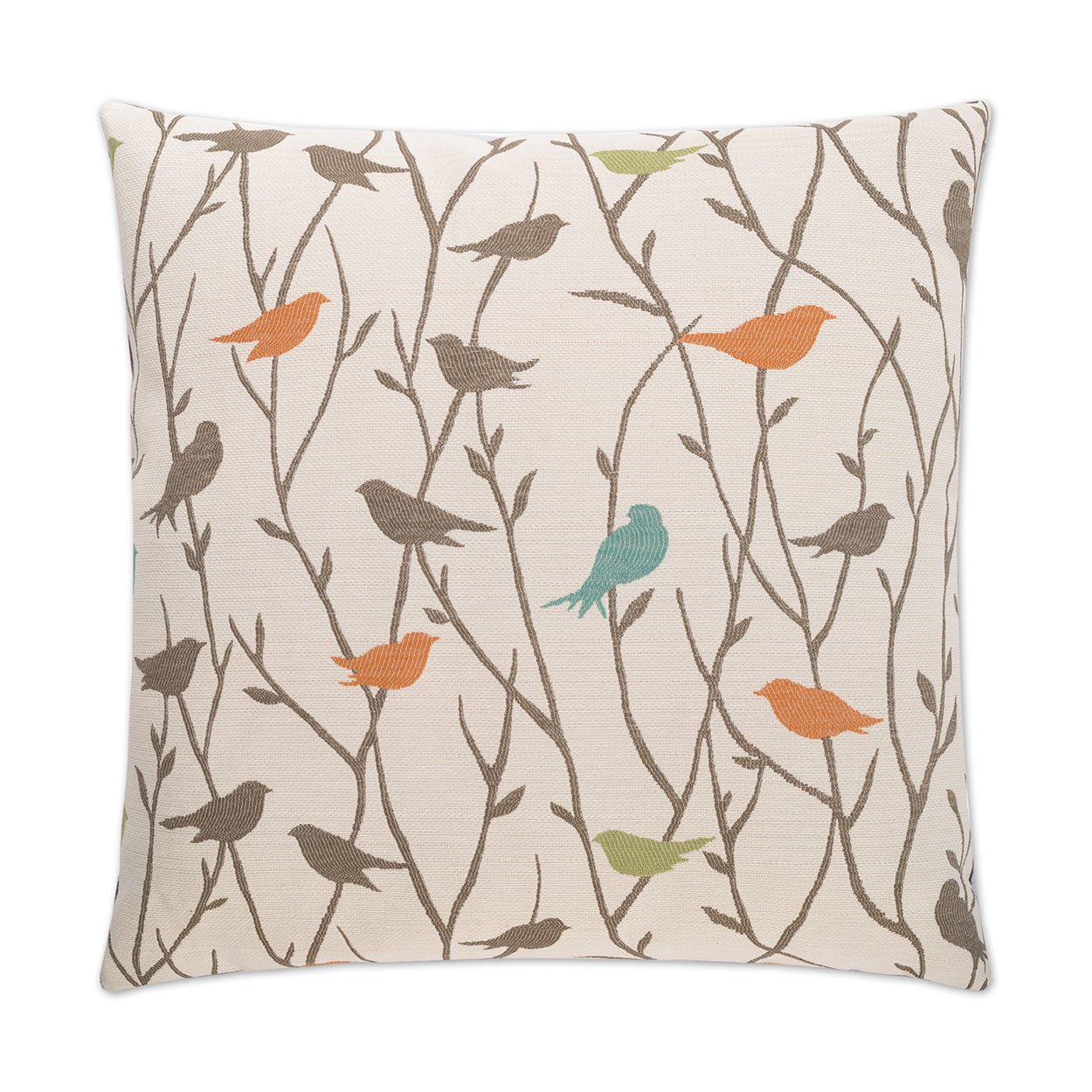 Square beige linen-look pillow with brown tree-branch pattern and colorful orange, teal, and green birds.